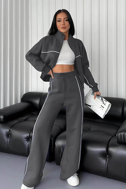 Stand Collar Zip Sweatshirt Stripe Pants Set