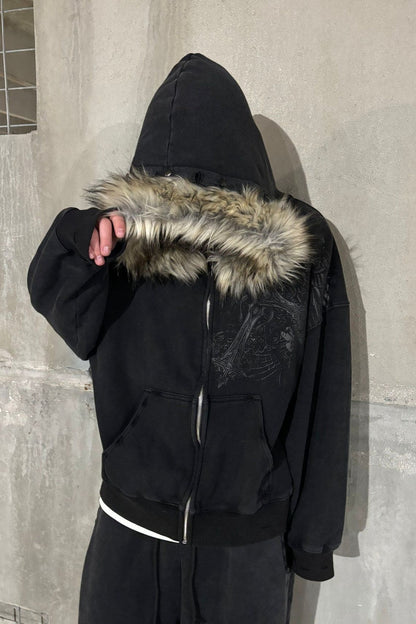 Faux Fur Hood Graphic Oversized Pullover Hoodie