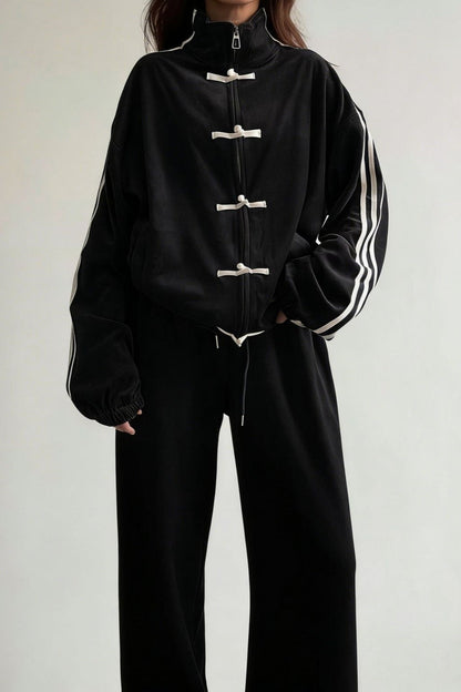Stand Collar Suede Jacket Wide Leg Two Piece Set