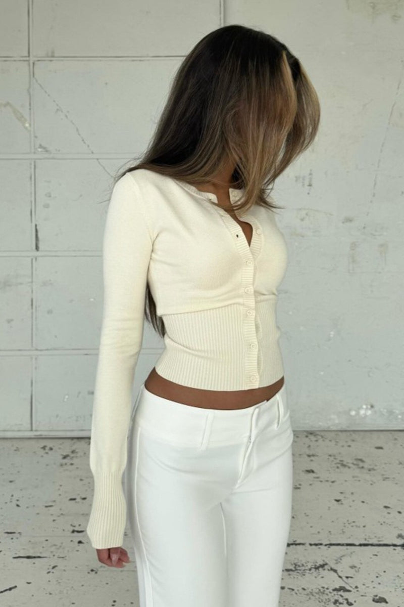 Fitted Crew Neck Button Front Knit Cardigan