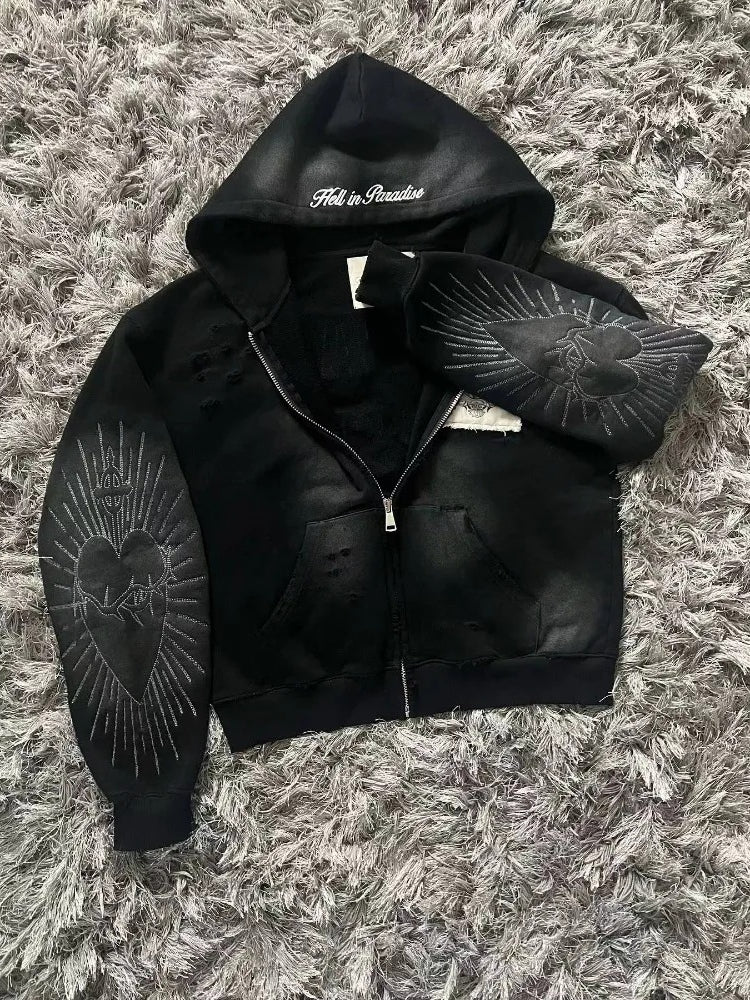 Embroidered Patch Zip Up Hoodie