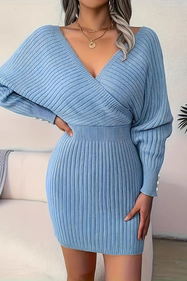 Elegant Cross V Neck Batwing Sleeve Bodycon Sweater Dress