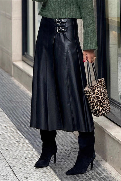 PU Leather Shirred A-Line Skirt