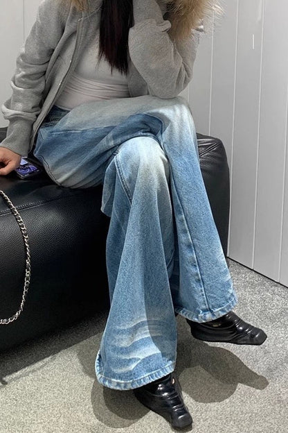 Creased Washed Floor-Length Straight Leg Jeans