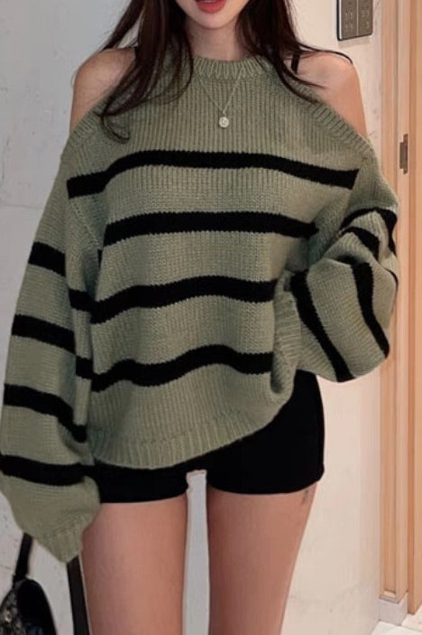 Striped Cutout Shoulder Knit Sweater