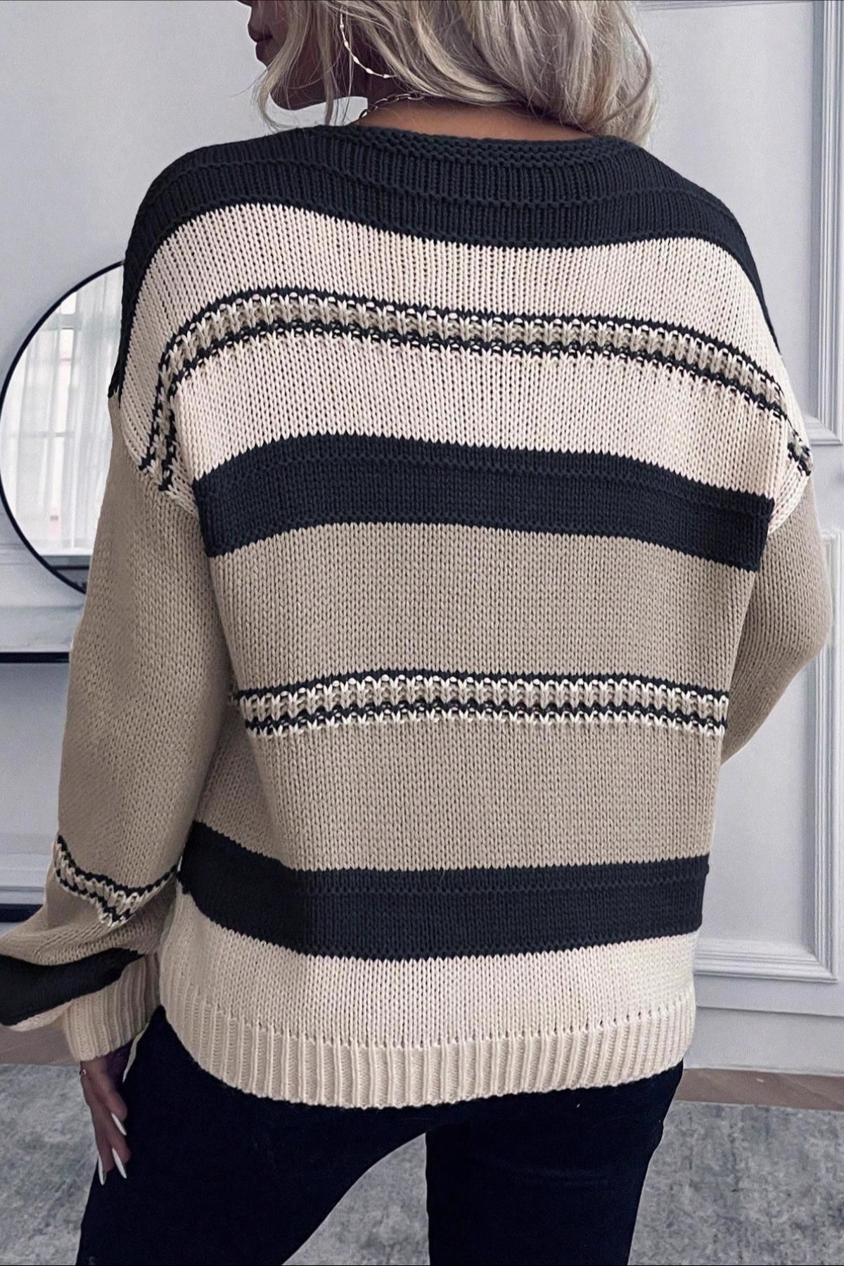 Wide Stripe V Neck Relaxed Sweater