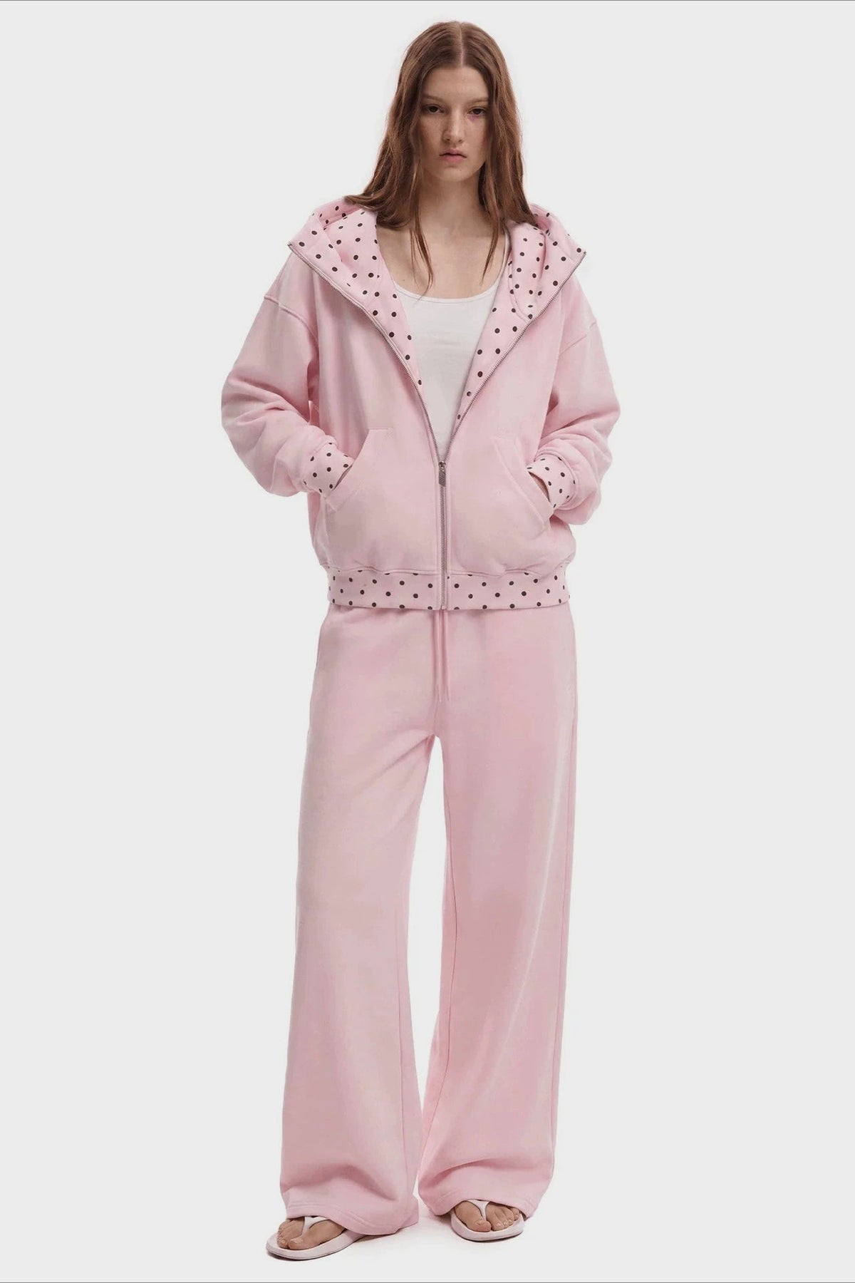 Polka Dot Trim Zip Front Wide Leg Hoodie