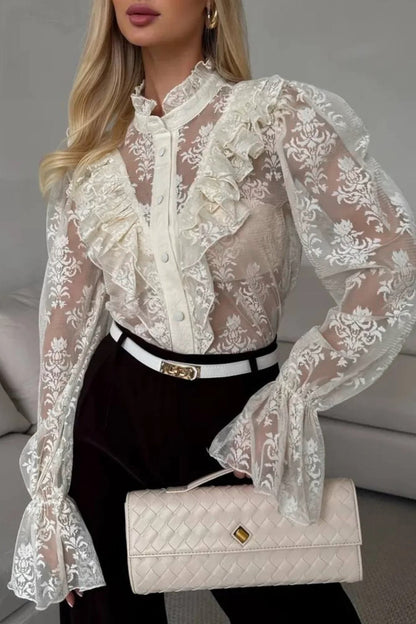 Ruffle Trim Sheer Lace Blouse