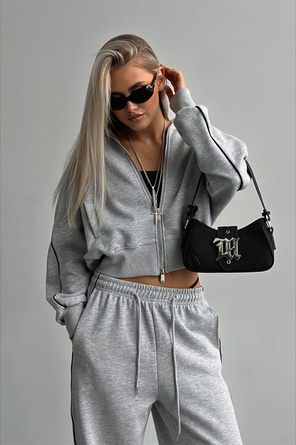 Contrast Piping Zip Front Jogger Hoodie Two Piece Set