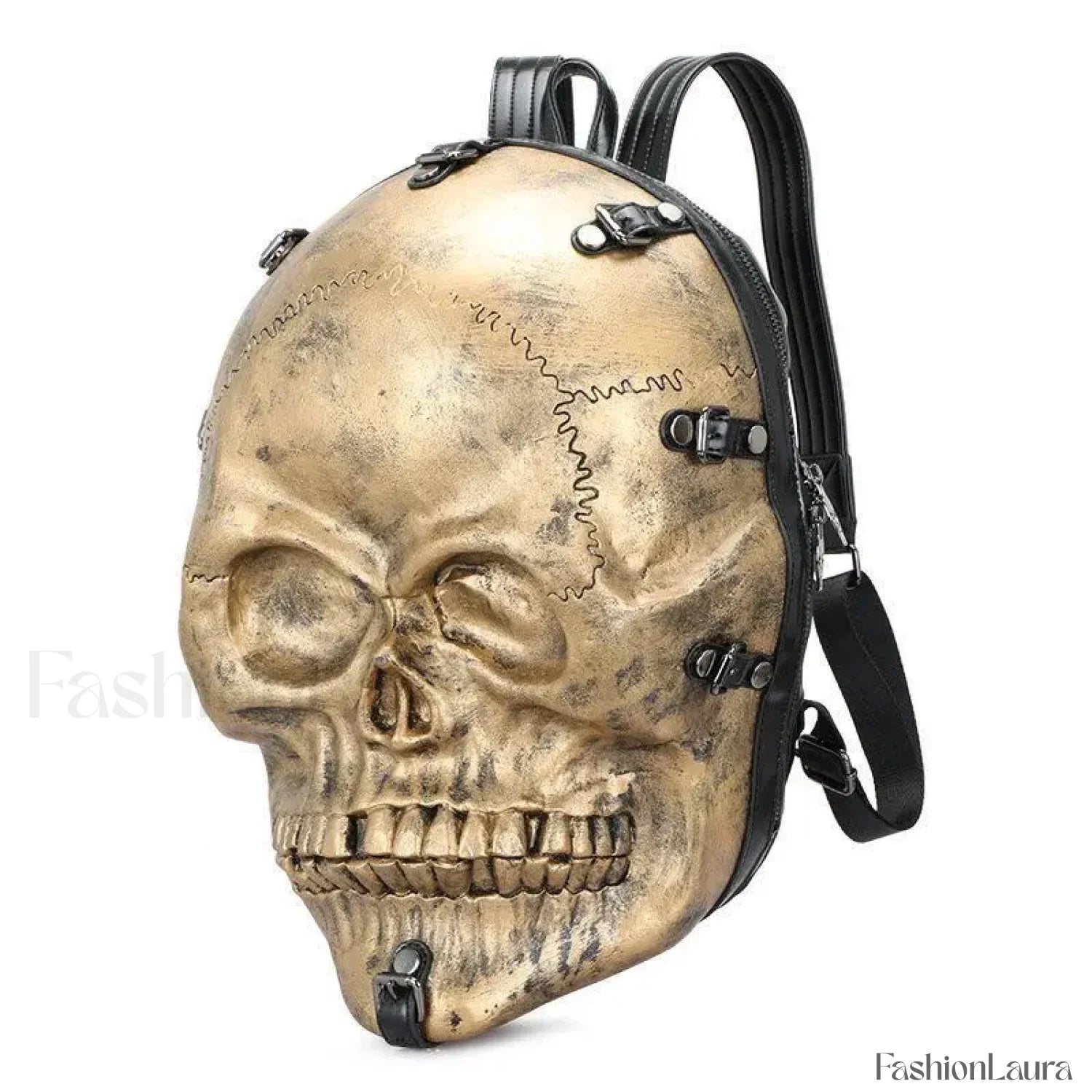 3D Backpack Gothic Travel Ghost Skull Rivets Vintage Punk Bag Gold