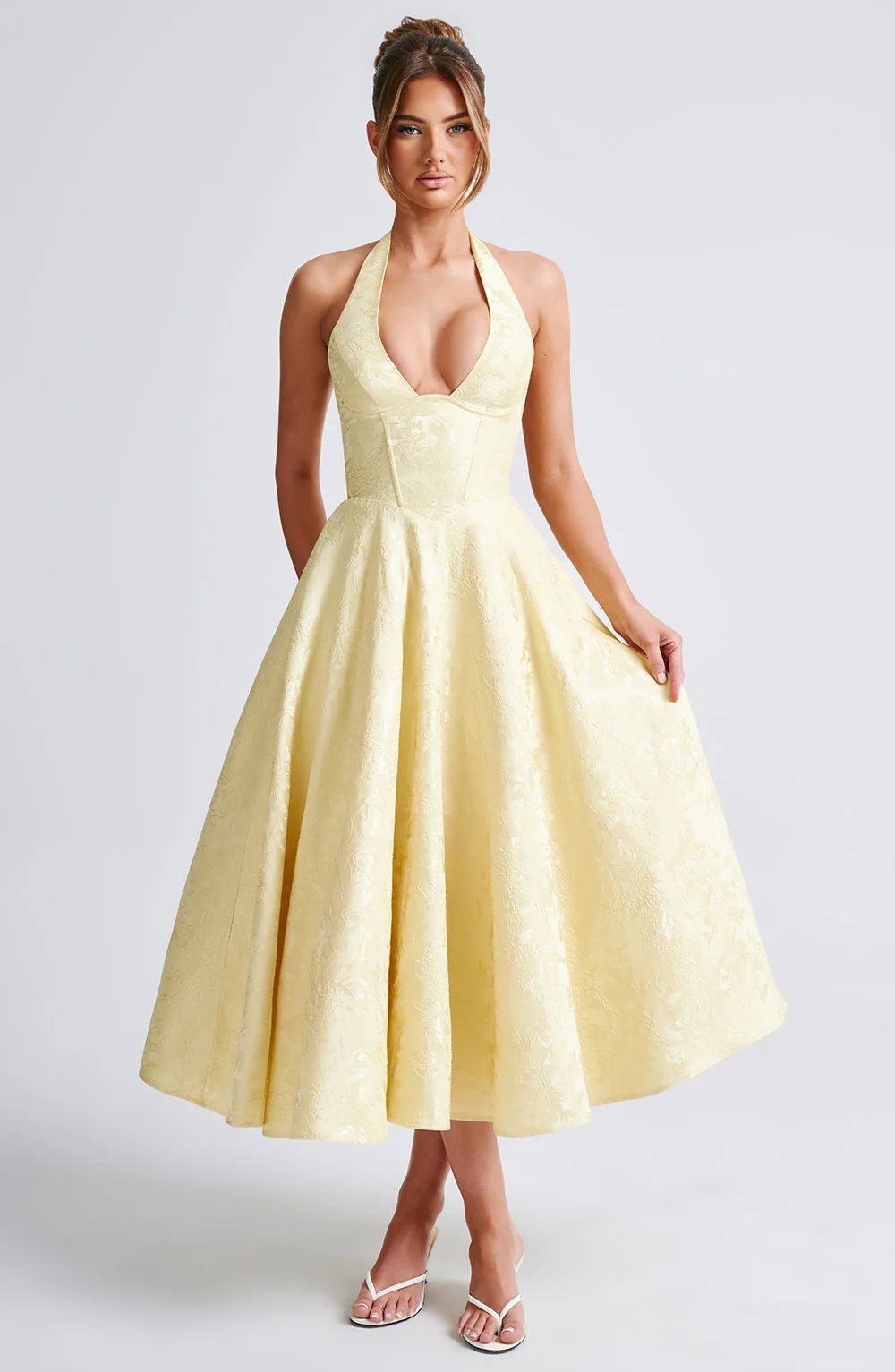 Vintage Jacquard Midi Dress With Halter Neck Yellow / S