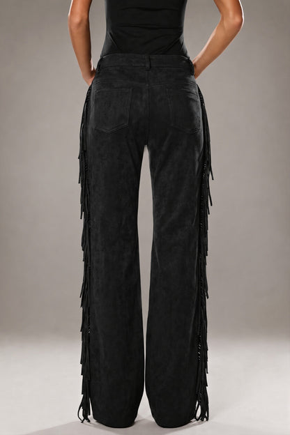 Side Fringe Suede Look Wide Leg Pants
