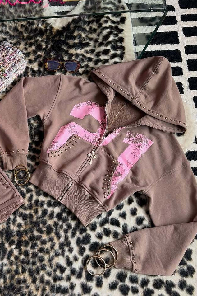 Studded Cropped Contrast Print Zip-Up Hoodie