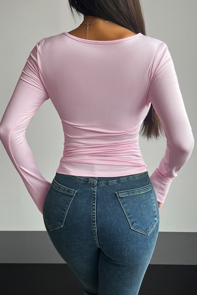 Square Neck Fitted Long Sleeve Blouse
