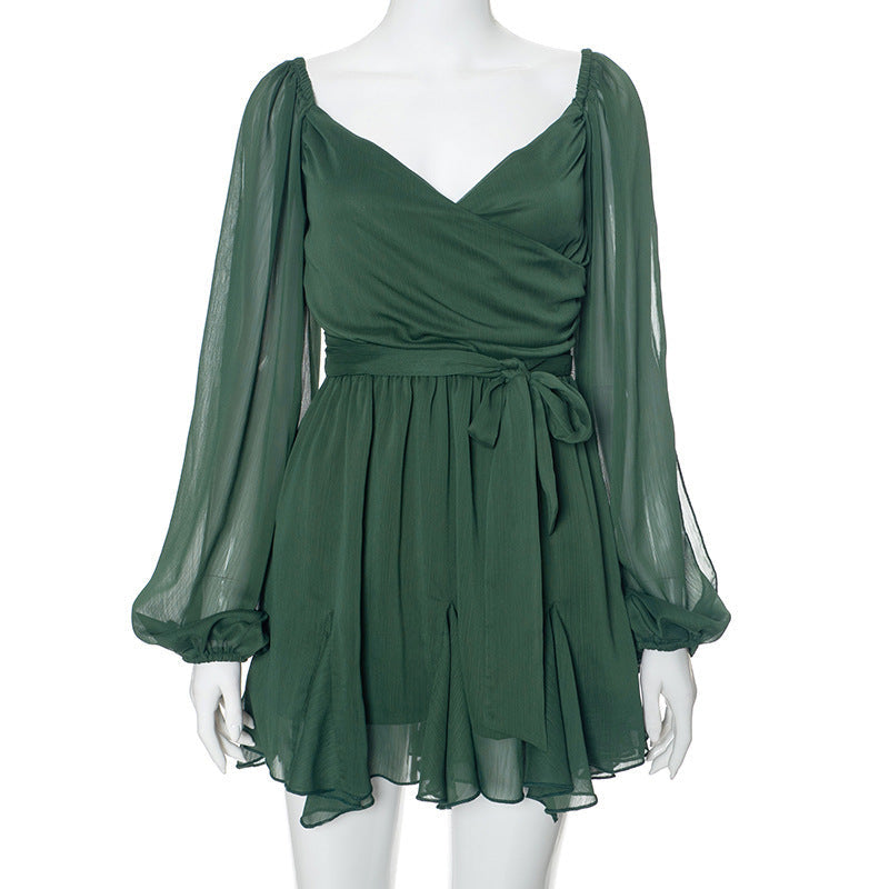 Solid Color Slim Fit Short Dress For Women Green / L