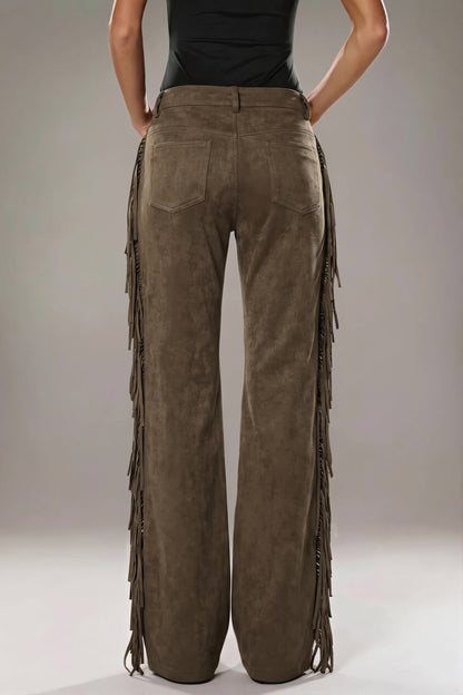 Side Fringe Suede Look Wide Leg Pants
