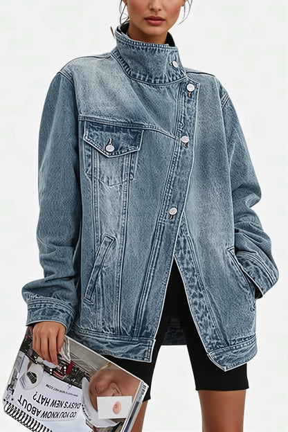 Asymmetric High Neck Denim Jacket