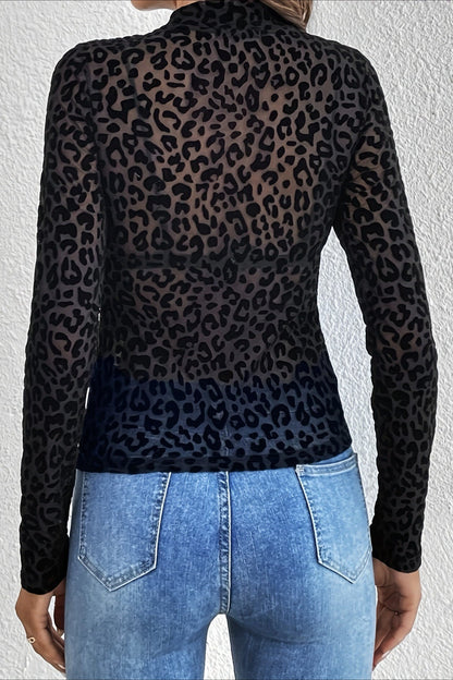 Leopard Print Mesh Mock Neck Top
