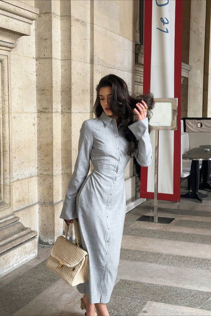 Elegant Long Sleeve Collared Midi Dress
