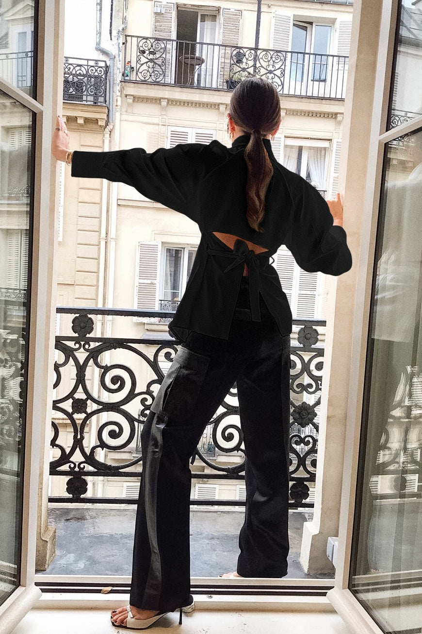 Cutout Shoulder Tie Waist Shirt