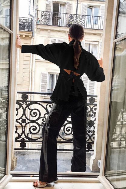 Cutout Shoulder Tie Waist Shirt