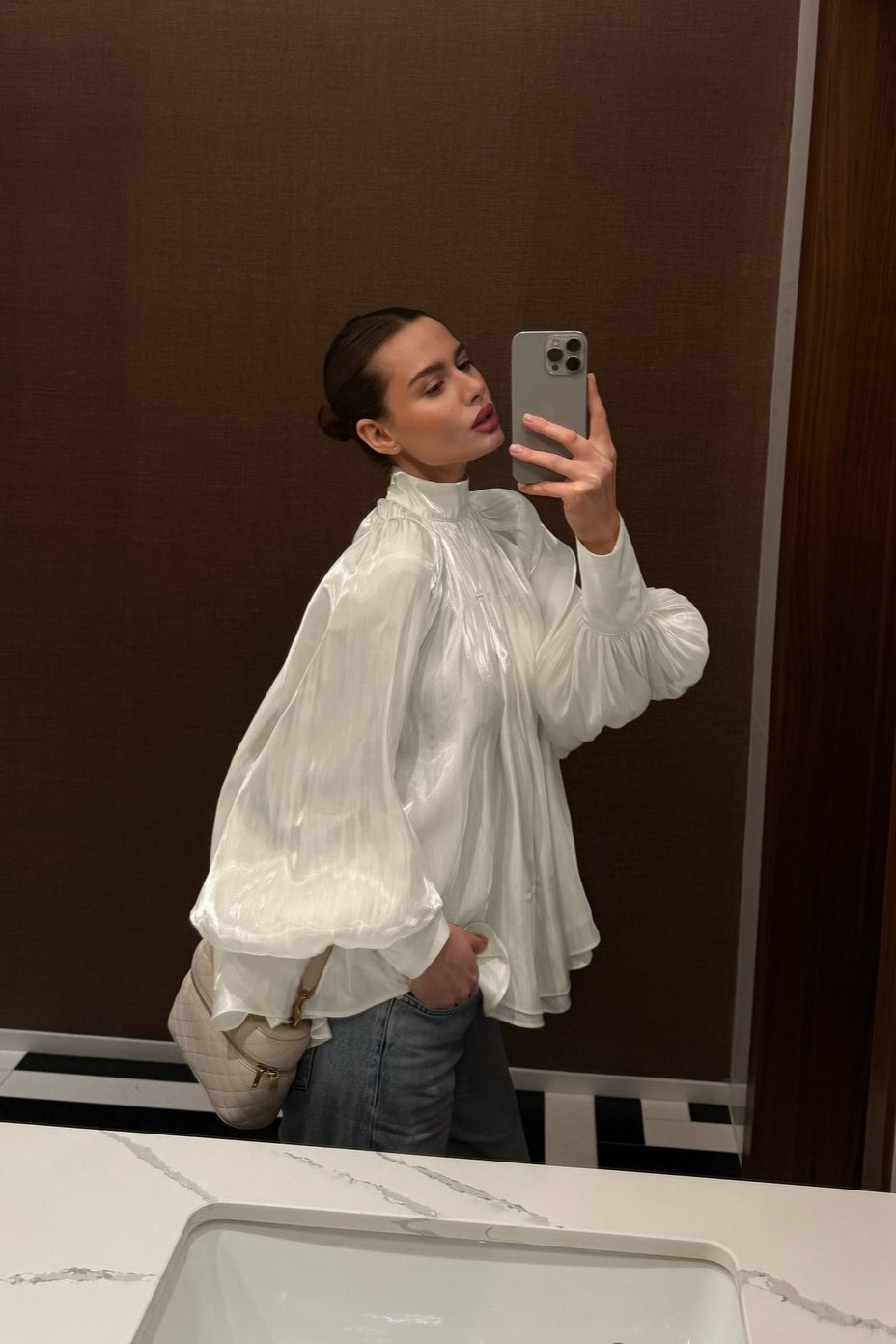 High Neck Balloon Sleeve Blouse