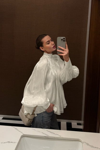 High Neck Balloon Sleeve Blouse