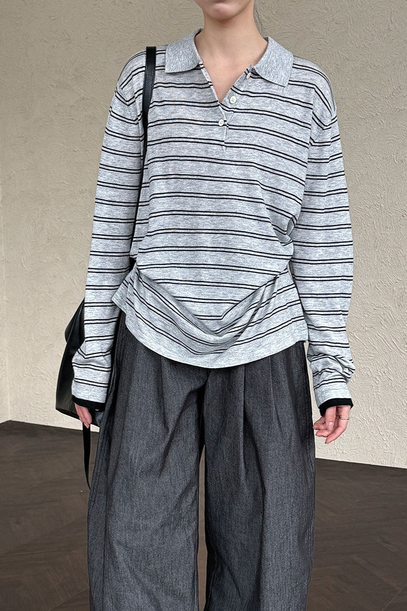 Soft Wool Striped Polo Collar Long Sleeve Long Sleeve Tee