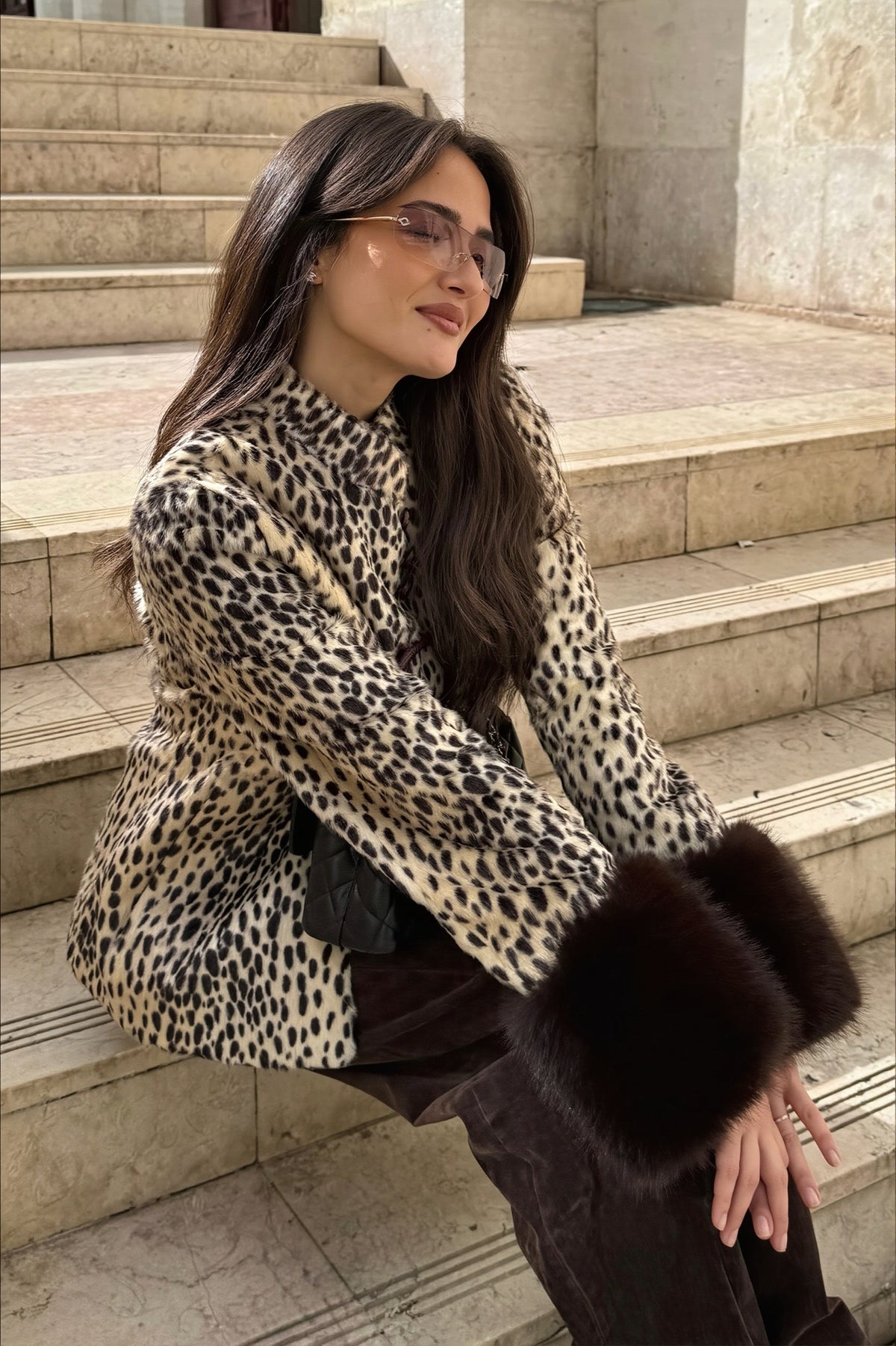 Fur Cuff Animal Print Fitted Coat