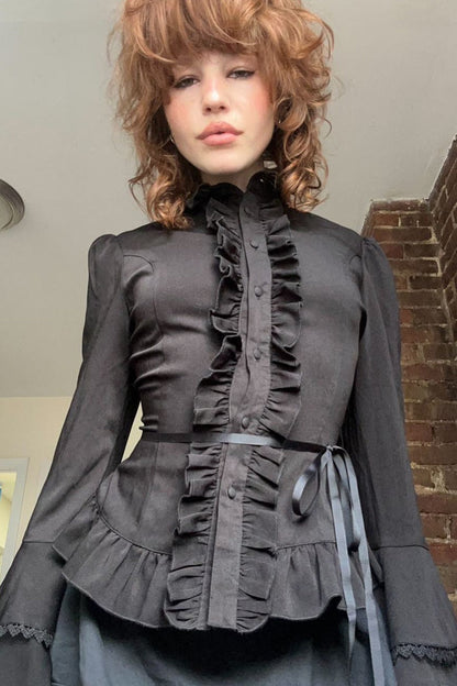 Dark Waist Tie Ruffle Panel Blouse