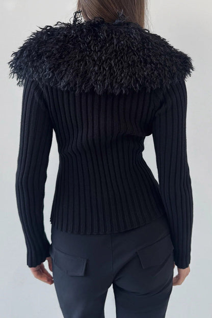 Black Plush Collar Fitted Zip Cardigan Sweater