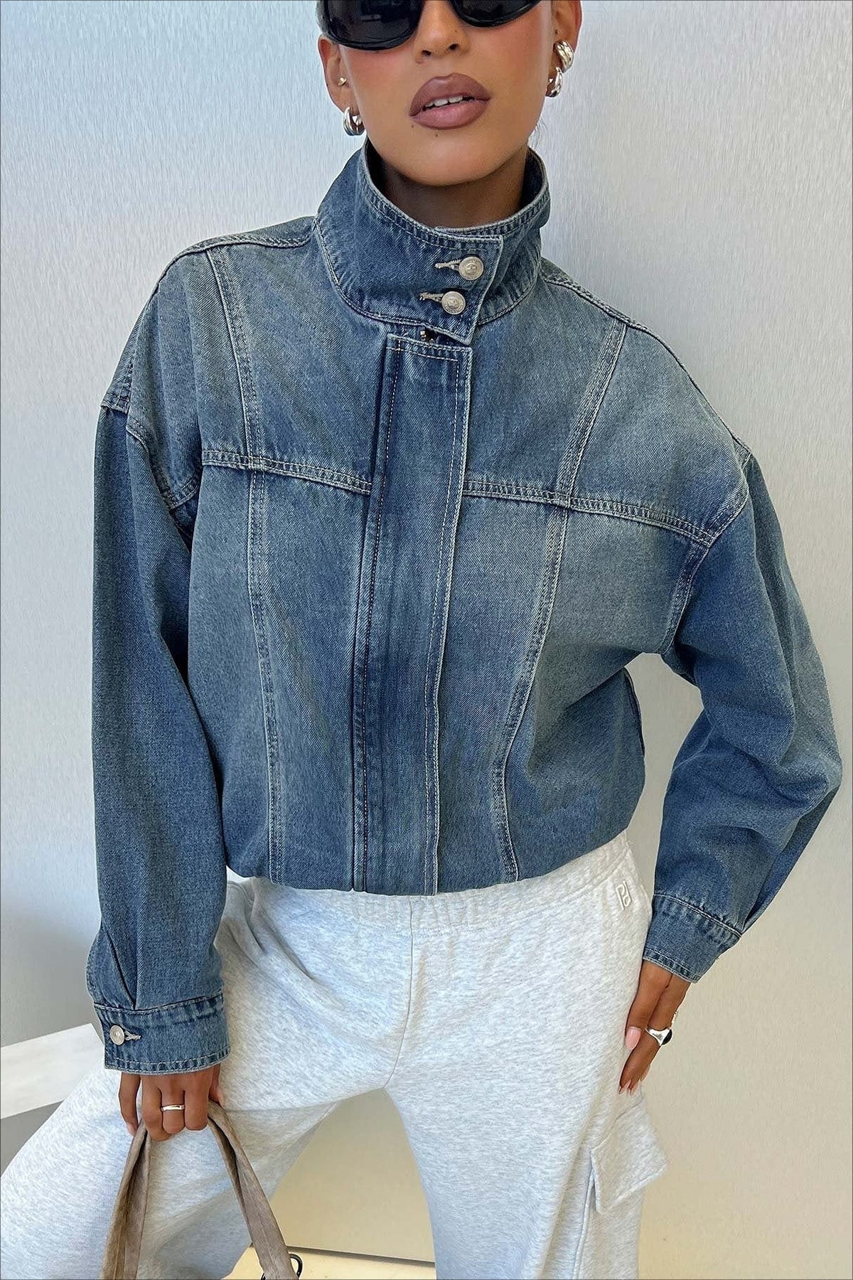 Cropped High Neck Denim Jacket