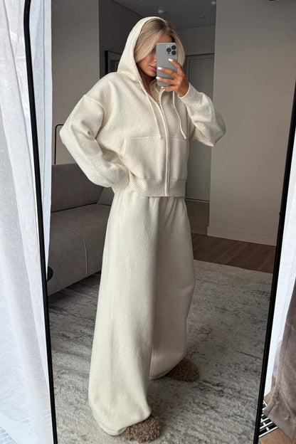 Hooded Zip Knit Top Wide Leg Pants Set