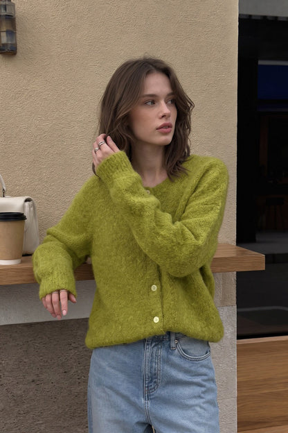 Textured Crew Neck Button Up Knit Cardigan