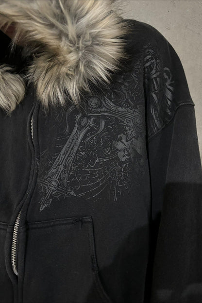 Faux Fur Hood Graphic Oversized Pullover Hoodie