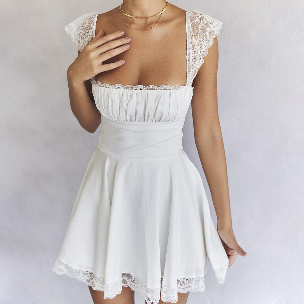 Simple Square Neck Slim Halter Dress White / L 1Pcs