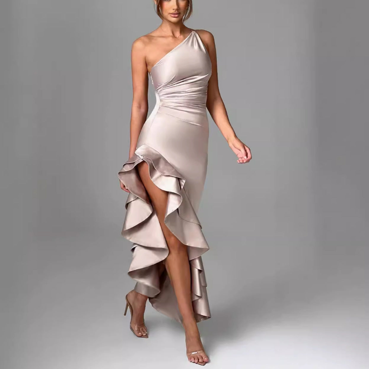 Satin Ruffle One-Shoulder Dress S