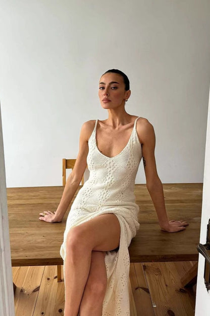 Solid V Neck Split Maxi Dress