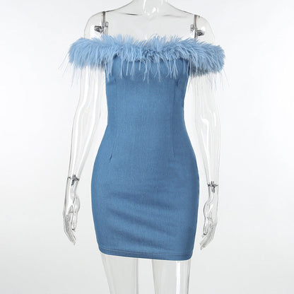 Denim Off-Shoulder Dress For Women Blue / L