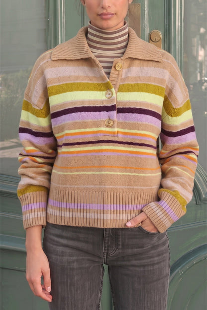 Multicolor Stripe Polo Collar Sweater
