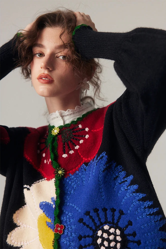 Vintage Floral Embroidered Knit Cardigan