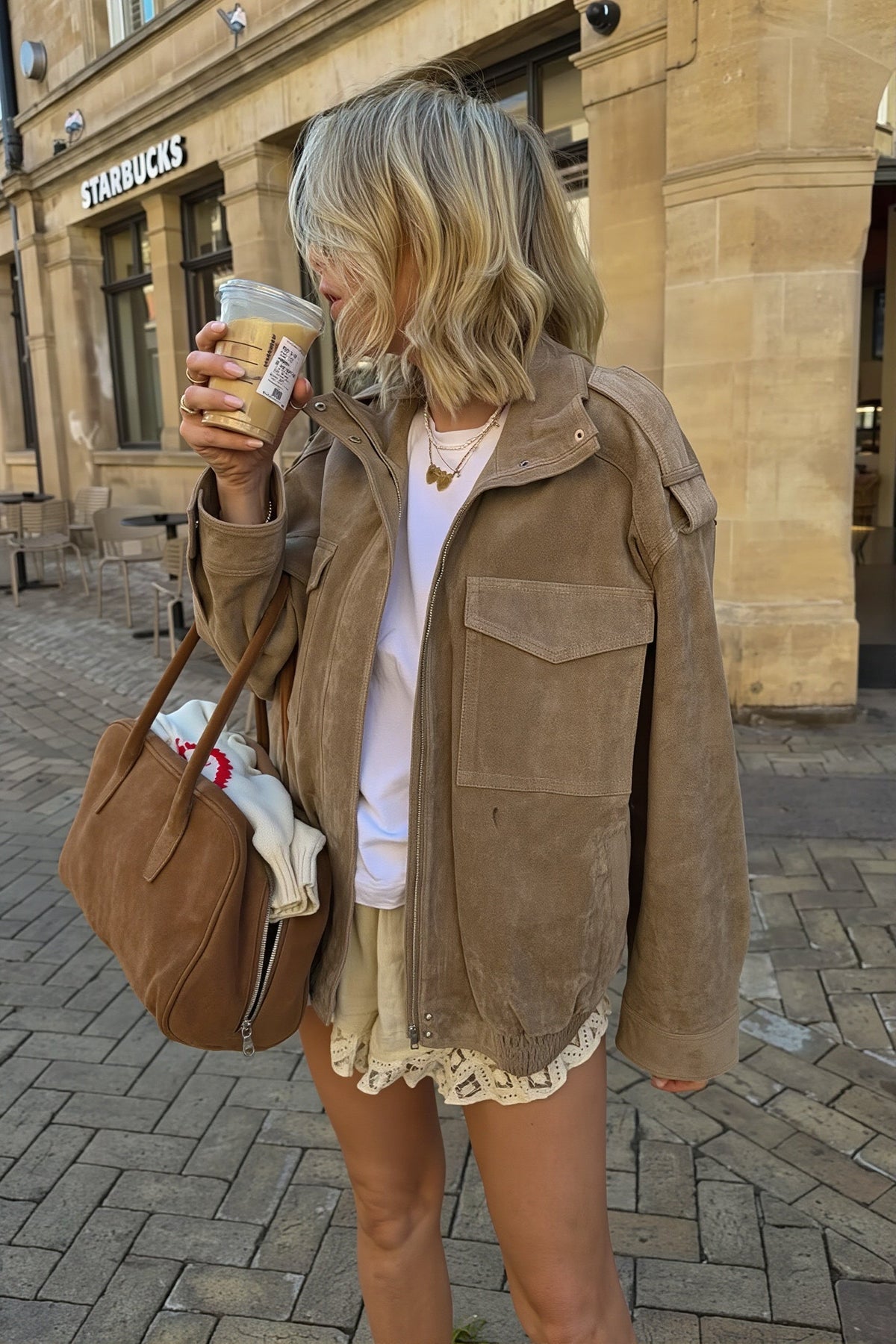 Suede Look Stand Collar Utility Bomber Jacket