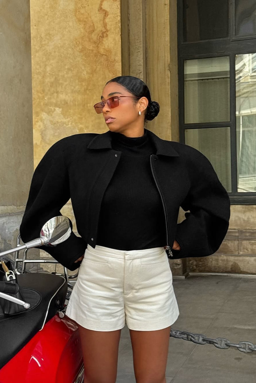 Cropped Balloon Sleeve Zip Jacket