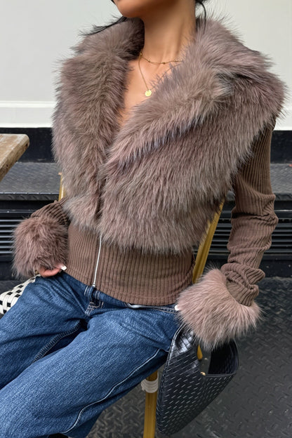 Faux Fur Trim Ribbed Zip Jacket