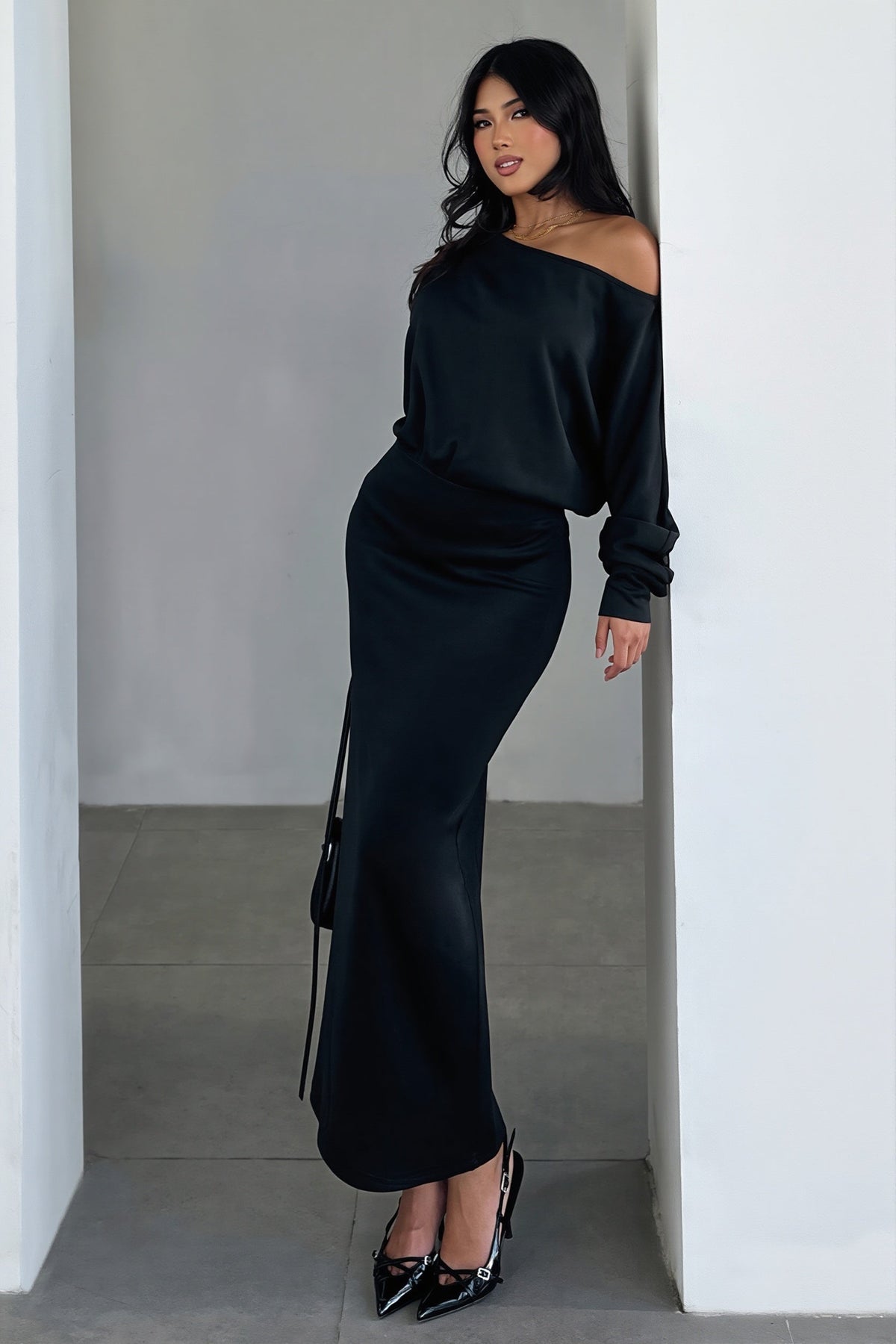 One Shoulder Ruched Long Sleeve Maxi Dress
