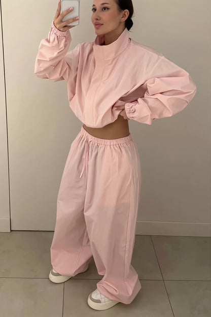 Cropped Zip Windbreaker Wide Leg Pants Set