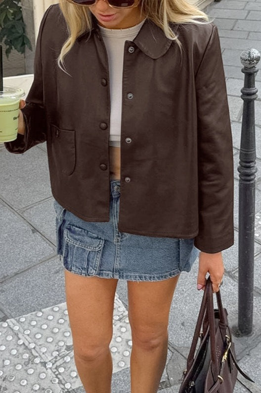 Faux Leather Fleece Collar Jacket
