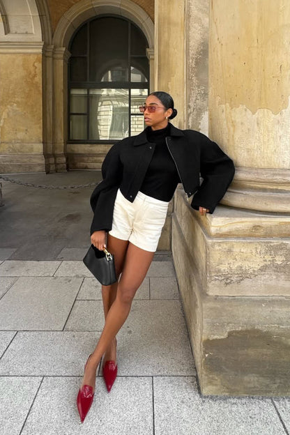 Cropped Balloon Sleeve Zip Jacket