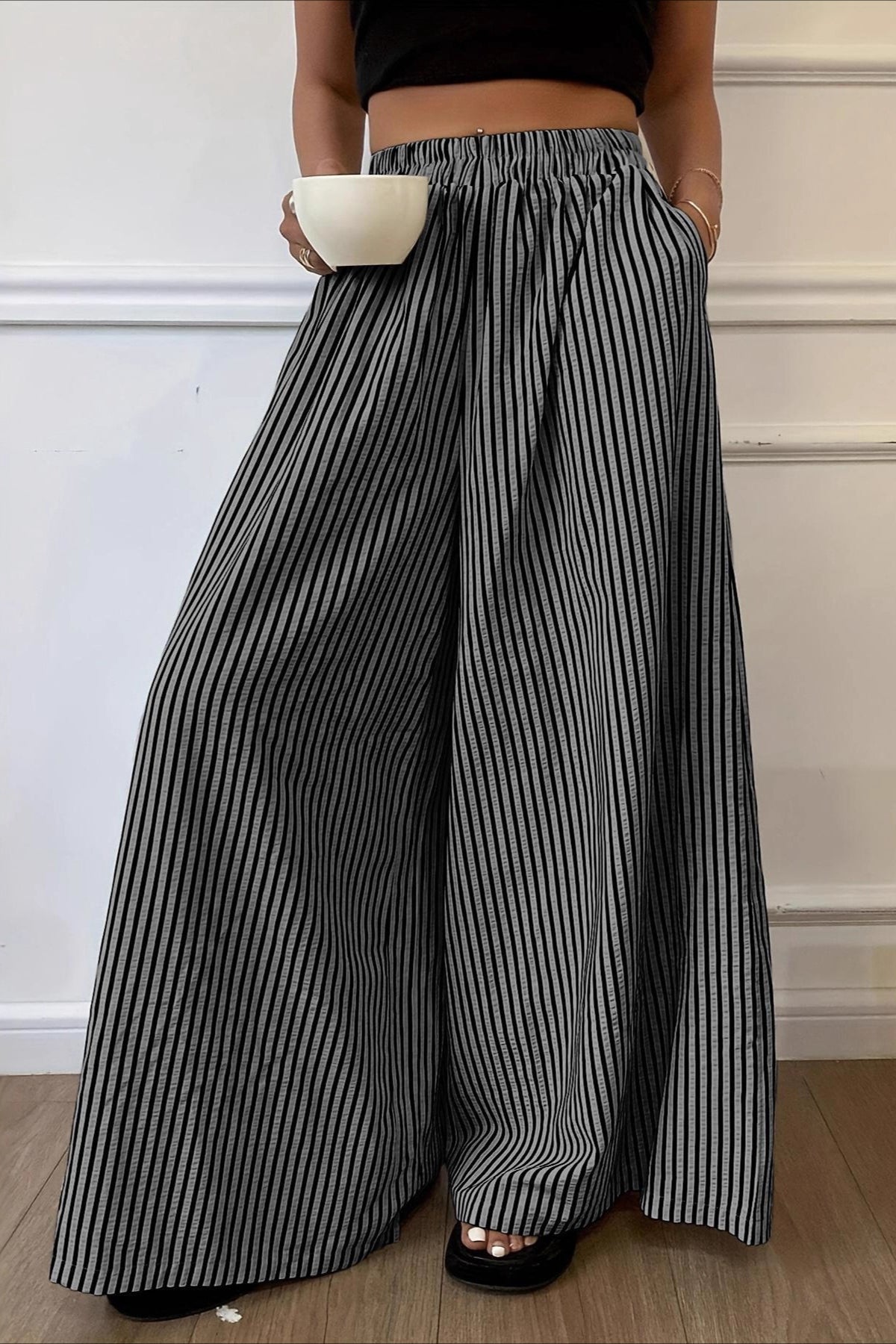 Vertical Stripe Elastic Waist Wide Leg Pants