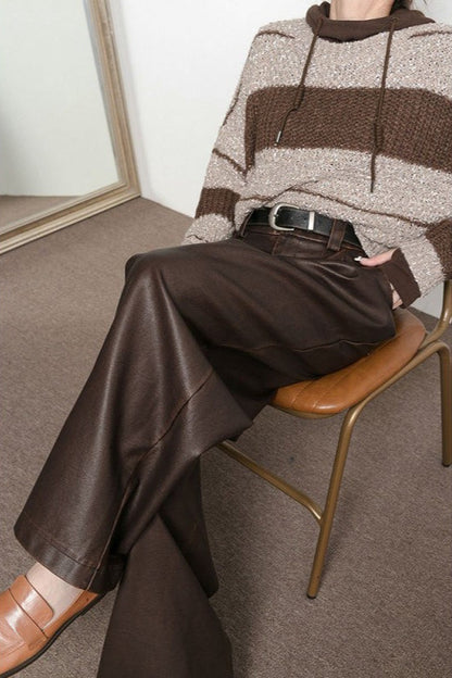 Vintage Brown Fleece Lined PU Pleated Wide Leg Pants